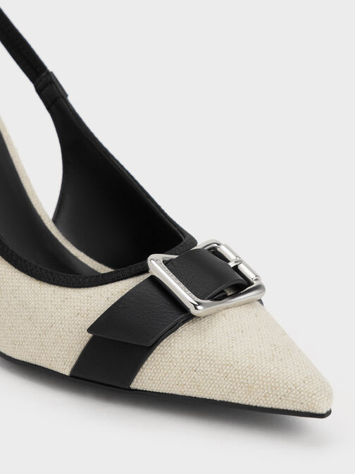 Linen Buckled Pointed-Toe Slingback Pumps, Chalk, hi-res