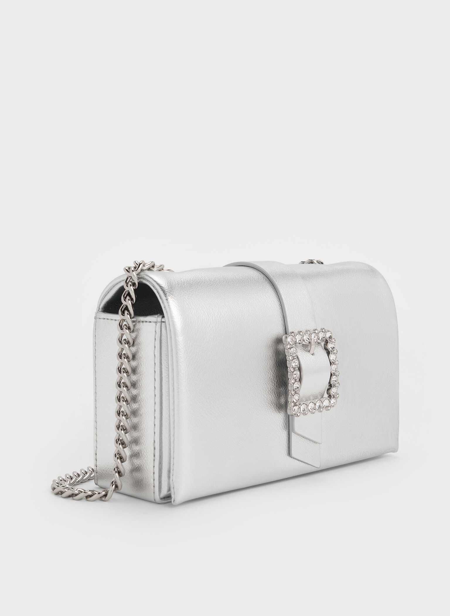Metallic Crystal-Buckle Belted Chain-Handle Bag, Silver, hi-res