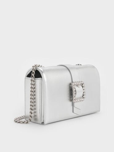 Metallic Crystal-Buckle Belted Chain-Handle Bag, Silver, hi-res