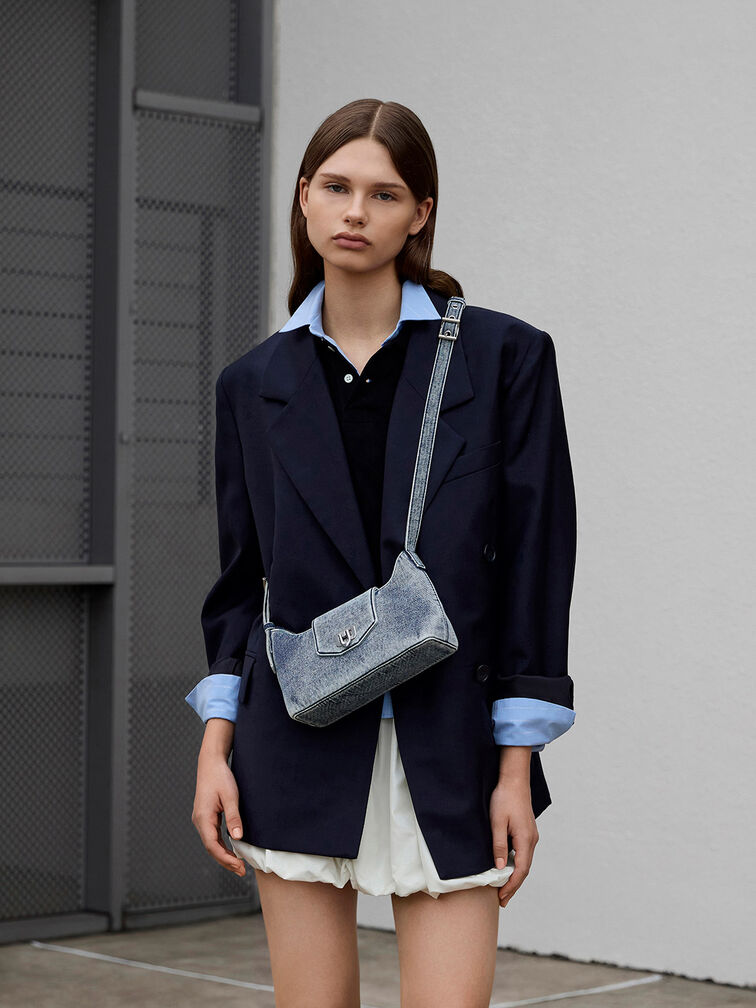 Arwen Denim Belted Shoulder Bag, Denim Blue, hi-res