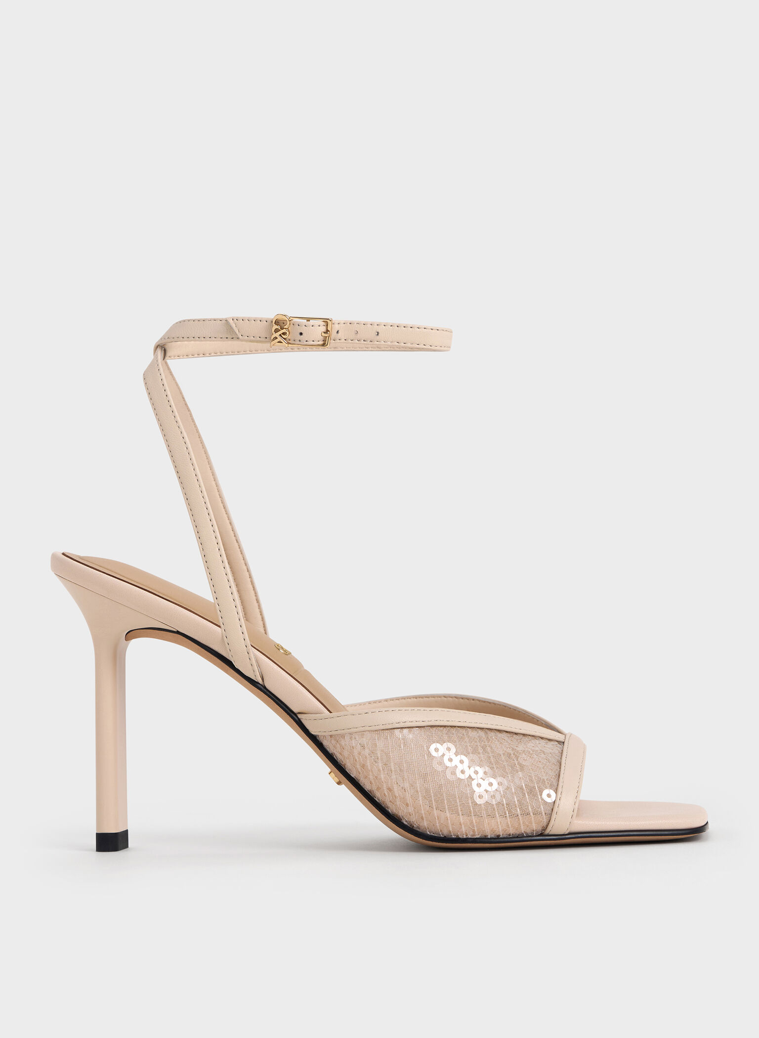 Sequin Mesh & Leather Ankle-Strap Heeled Sandals, Nude, hi-res