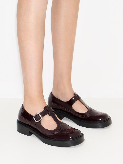 Brogue Leather T-Bar Mary Janes, Maroon, hi-res