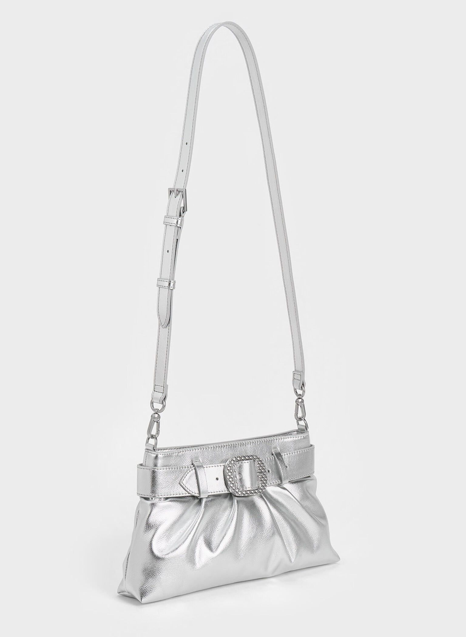 Avis Metallic Belted Ruched Shoulder Bag, Silver, hi-res