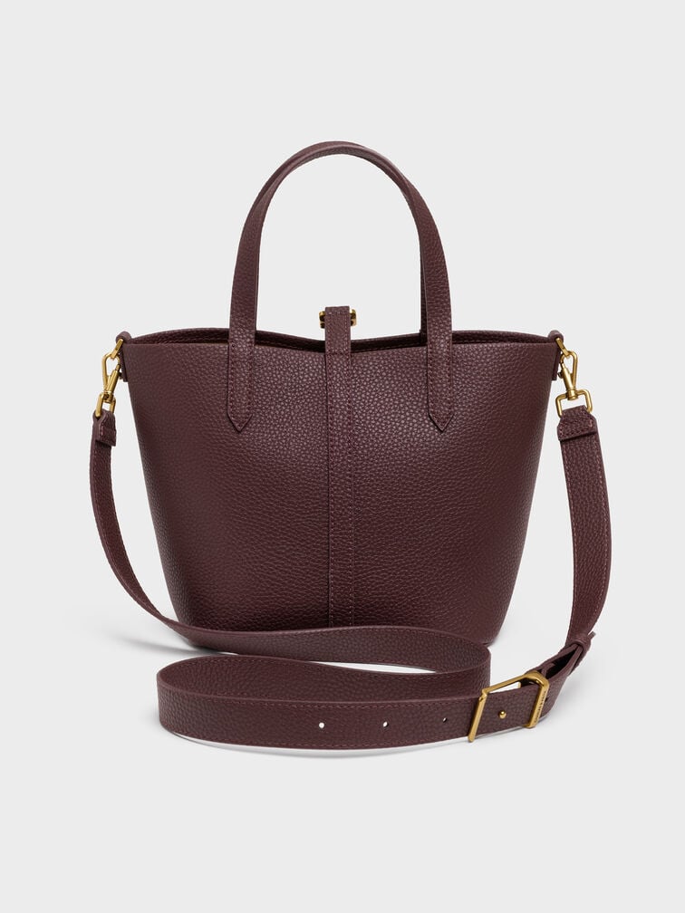 Beryl Recycled Leather Double-Handle Belted Bucket Bag, Wineberry Red, hi-res