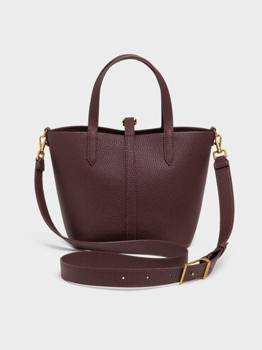 Beryl Recycled Leather Double-Handle Belted Bucket Bag, Wineberry Red, hi-res