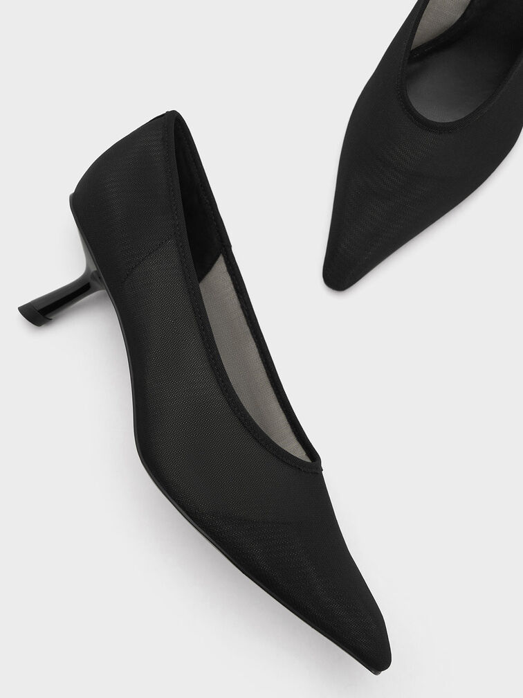 Mesh Slant-Heel Pointed-Toe Pumps, Black Textured, hi-res
