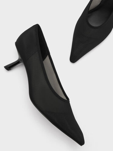 Mesh Slant-Heel Pointed-Toe Pumps, Black Textured, hi-res