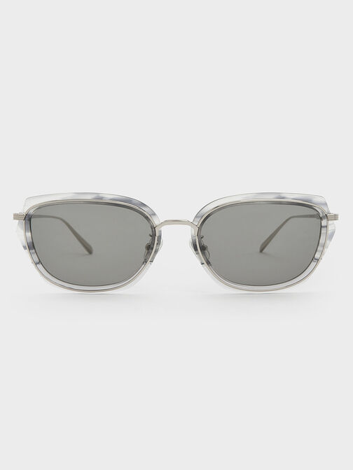Metallic Rim Geometric-Frame Sunglasses, Grey, hi-res