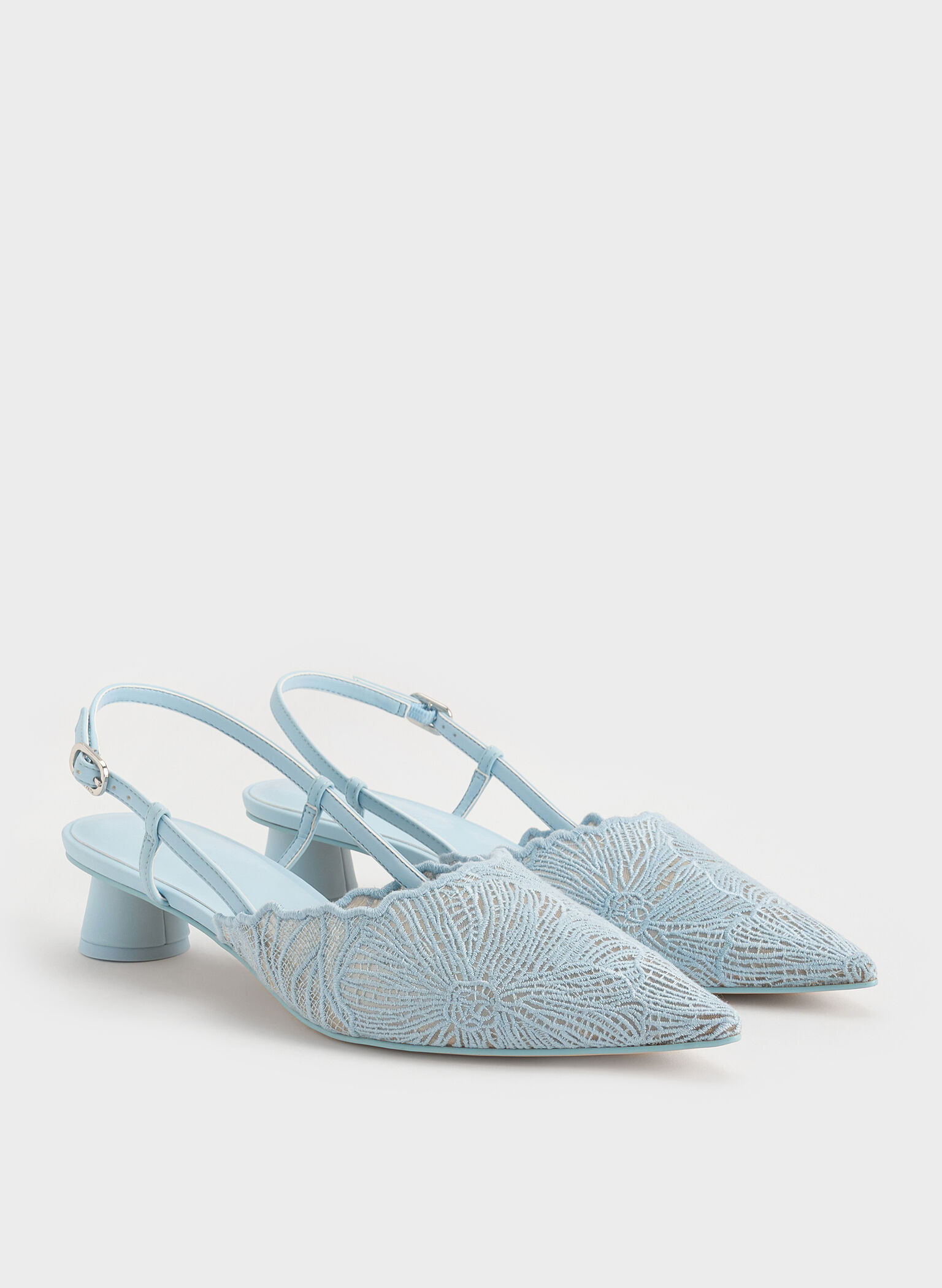 Crochet Floral Pointed-Toe Slingback Pumps, Blue, hi-res