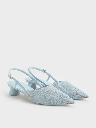 Crochet Floral Pointed-Toe Slingback Pumps, Blue, hi-res