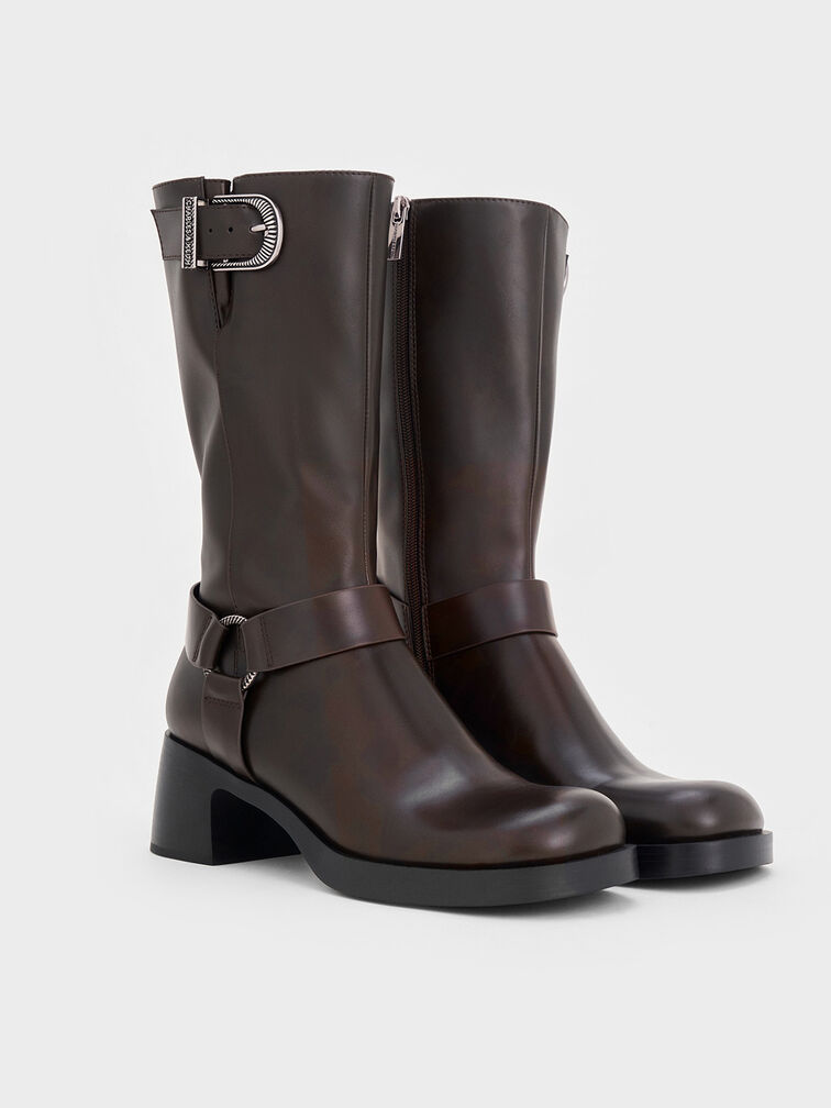 Kirke Buckled Mid-Calf Biker Boots, Dark Brown, hi-res