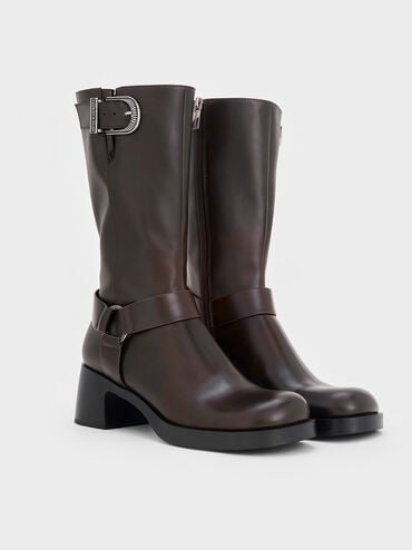 Kirke Buckled Mid-Calf Biker Boots, Dark Brown, hi-res