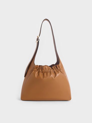 Brigette Ruched Shoulder Bag, Brown, hi-res