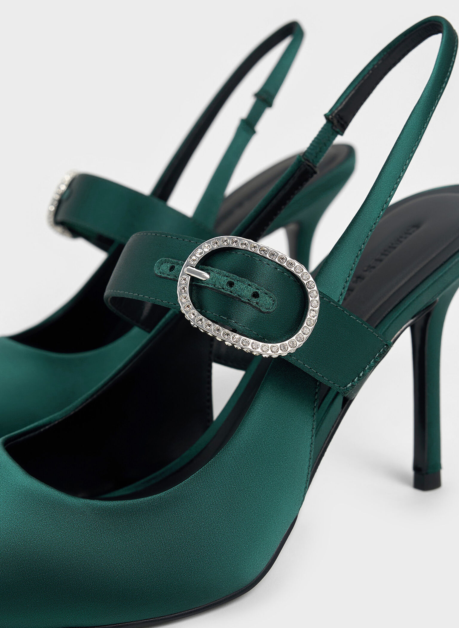 Recycled Polyester Crystal-Buckled Slingback Pumps, Dark Green, hi-res