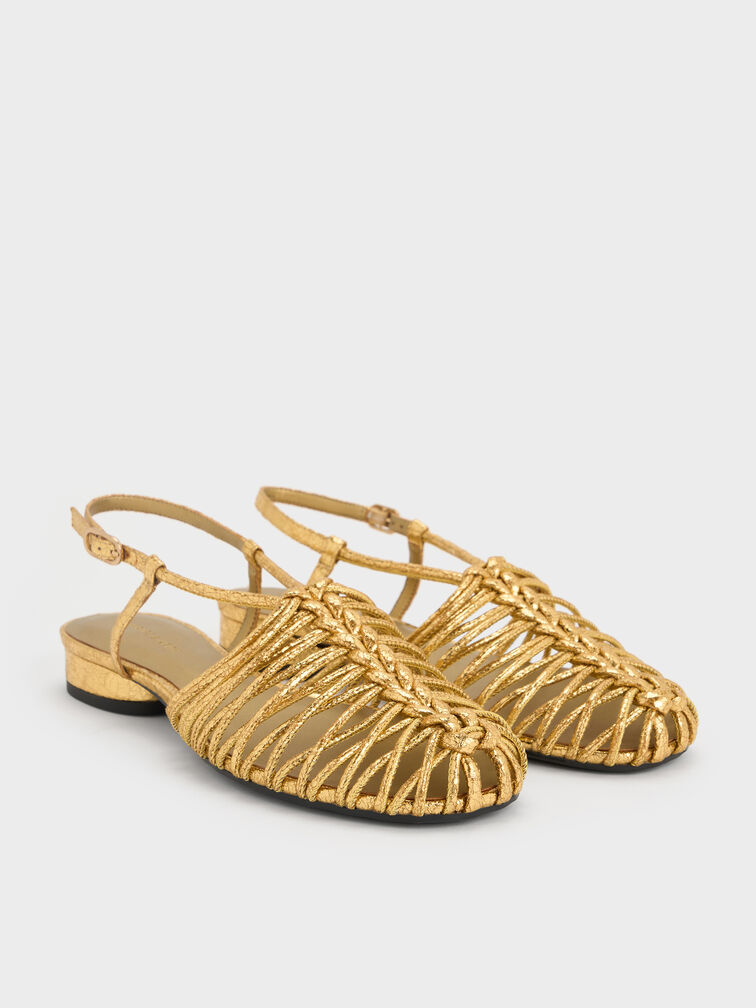 Metallic Woven Slingback Caged Sandals, Gold, hi-res