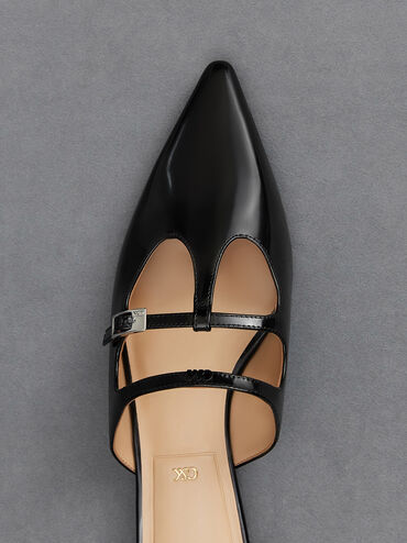 Leather T-Bar Double-Strap Mules, Black Box, hi-res