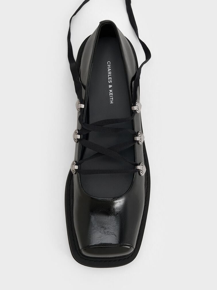 Heart-Embellished Lace-Up Ballet Flats, Black, hi-res