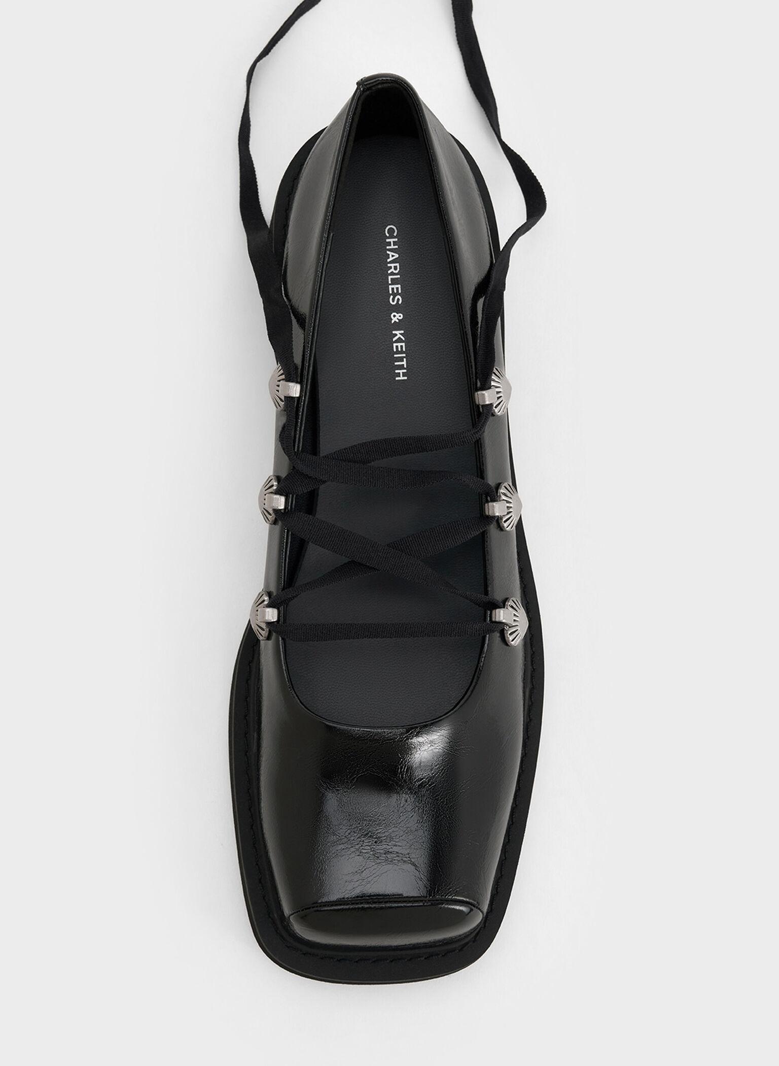 Heart-Embellished Lace-Up Ballet Flats, Black, hi-res