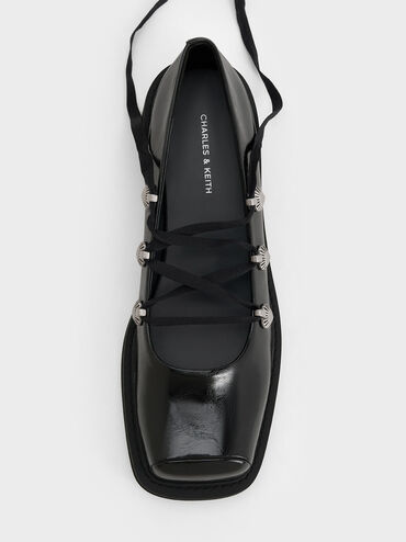 Heart-Embellished Lace-Up Ballet Flats, Black, hi-res