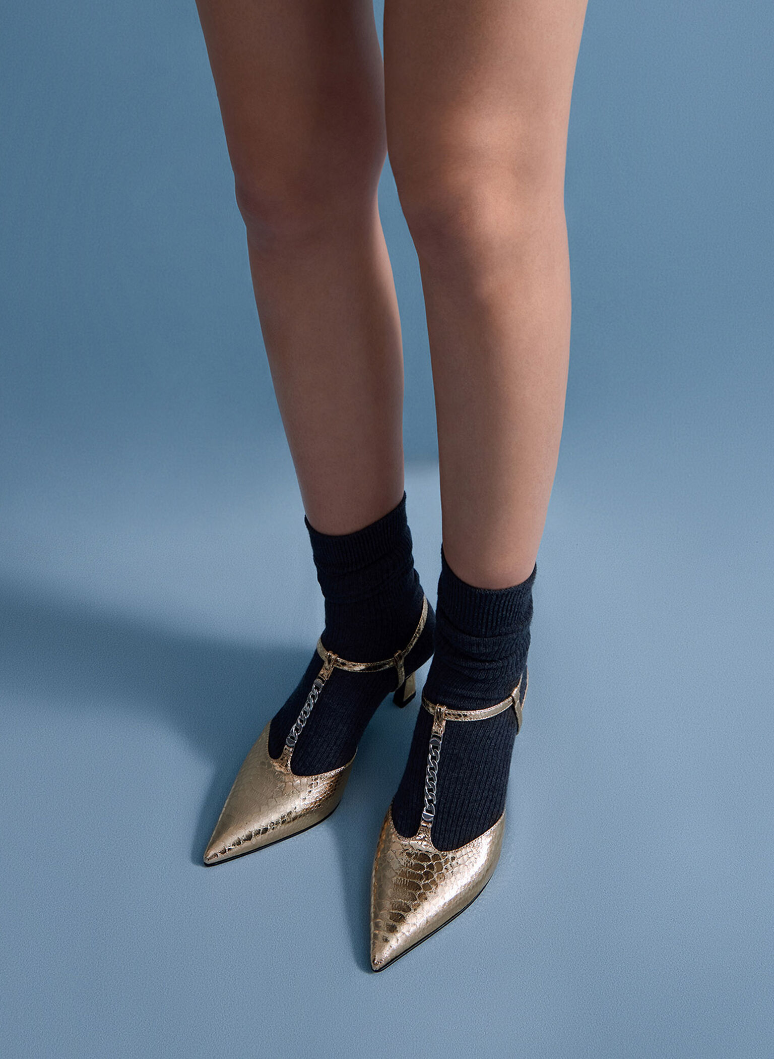 Metallic Snake-Effect T-Bar Chain-Link Pointed-Toe Pumps, Animal Print Gold, hi-res