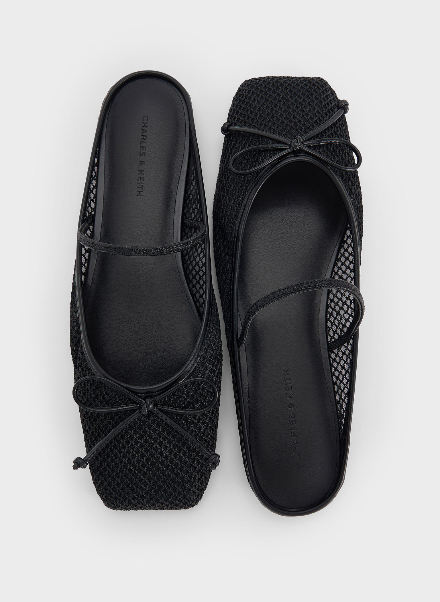 Mesh Bow Square-Toe Ballet Mules, Black Textured, hi-res