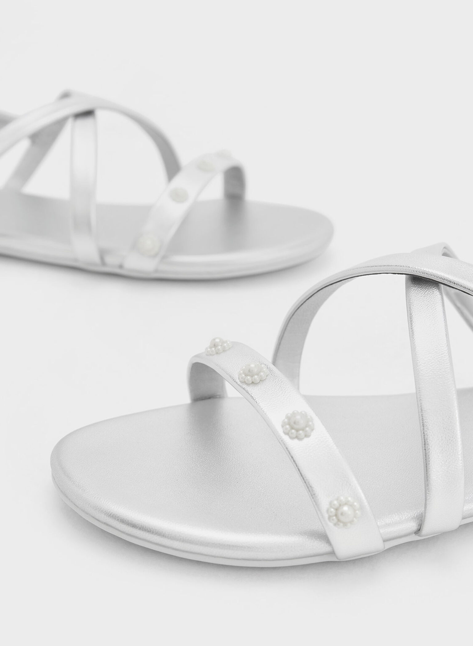 Girls' Flower-Beaded Strappy Sandals, Silver, hi-res