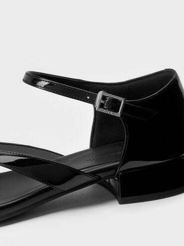 Patent Block-Heel Ankle-Strap Thong Sandals, Black, hi-res