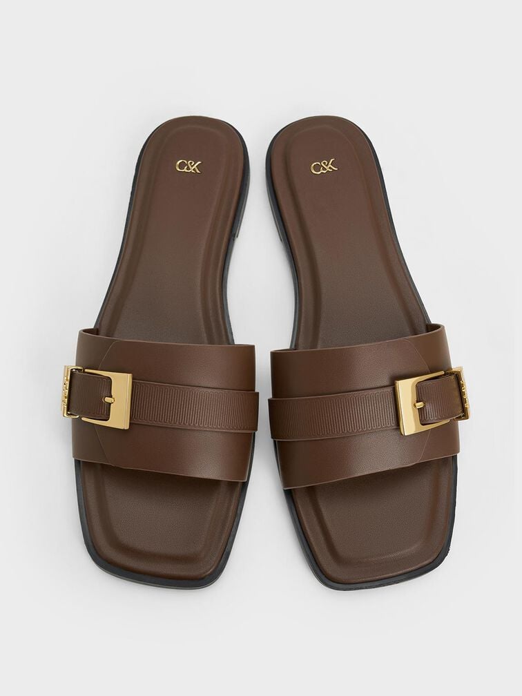 Whitney Leather Buckled Square-Toe Slide Sandals, Dark Brown, hi-res