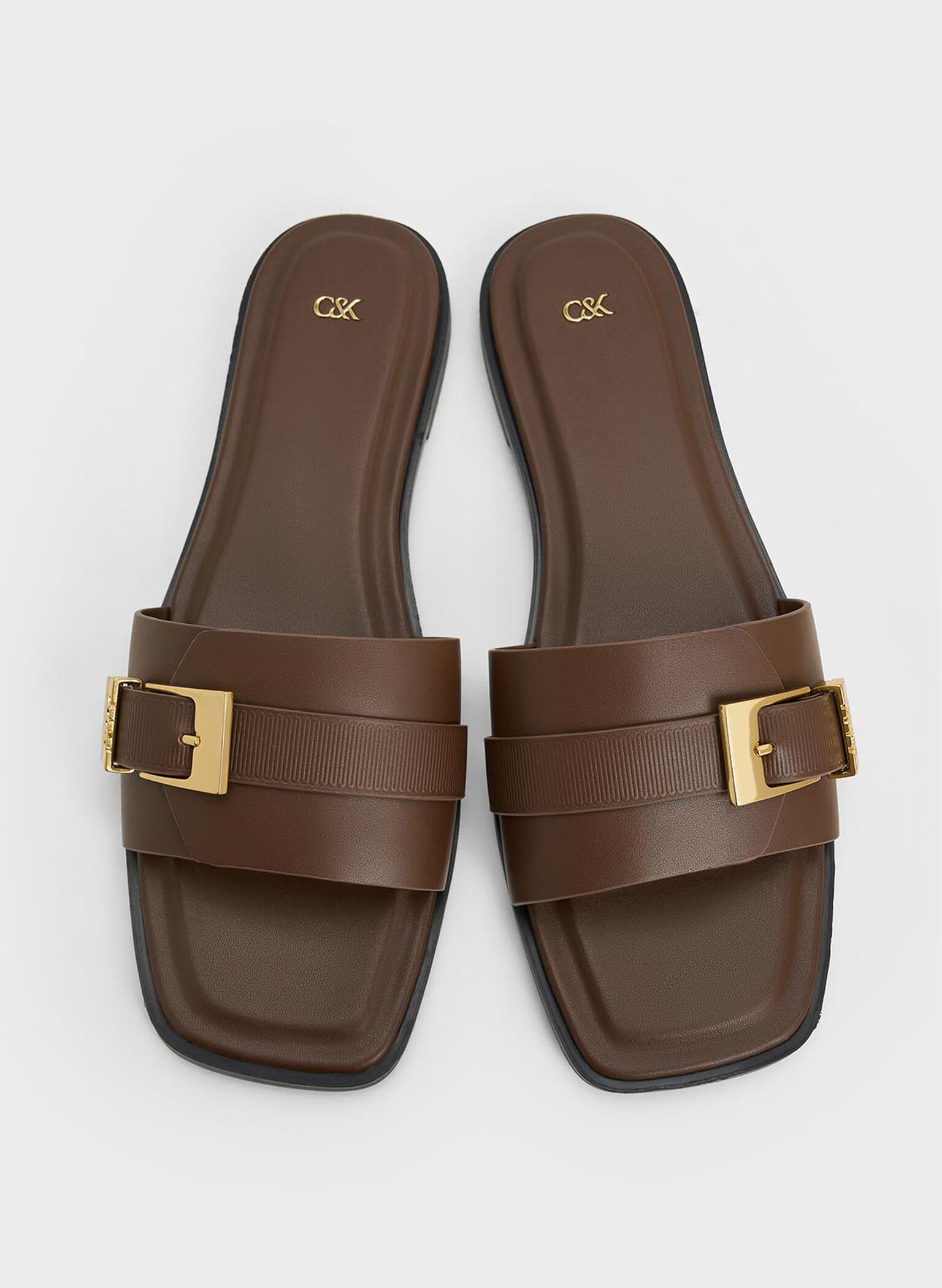 Whitney Leather Buckled Square-Toe Slide Sandals, Dark Brown, hi-res