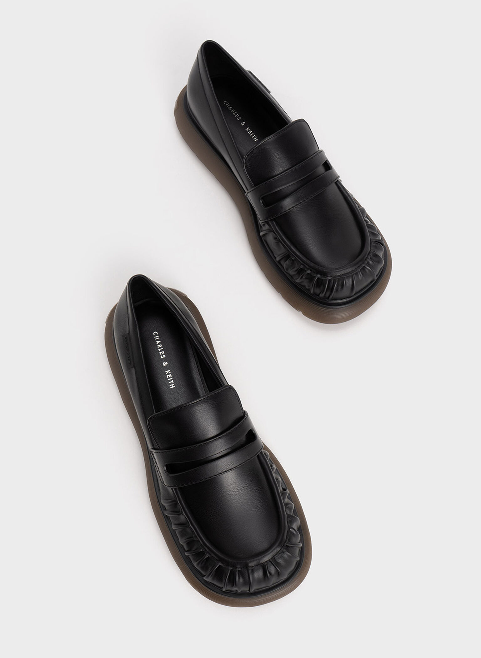 Ruched Ridged-Sole Penny Loafers, Black Textured, hi-res