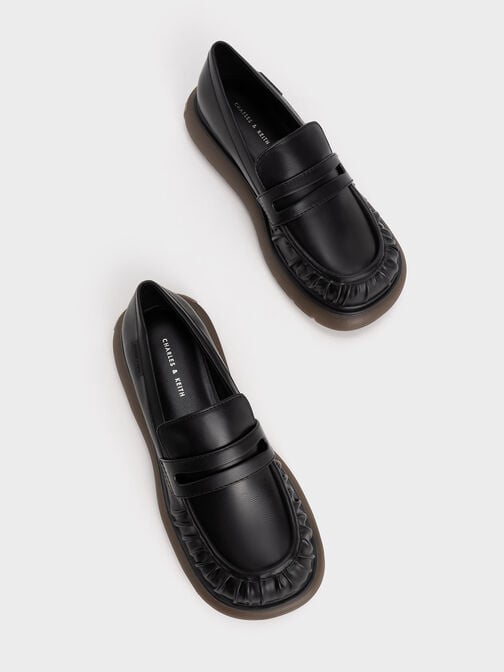 Ruched Ridged-Sole Penny Loafers, Black Textured, hi-res