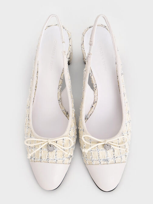 Tweed Bow Cap-Toe Slingback Pumps, Multi, hi-res