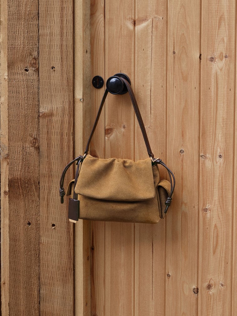 Khai Recycled Suede Ruched-Flap Side-Pocket Top Handle Bag, Sahara Sand, hi-res