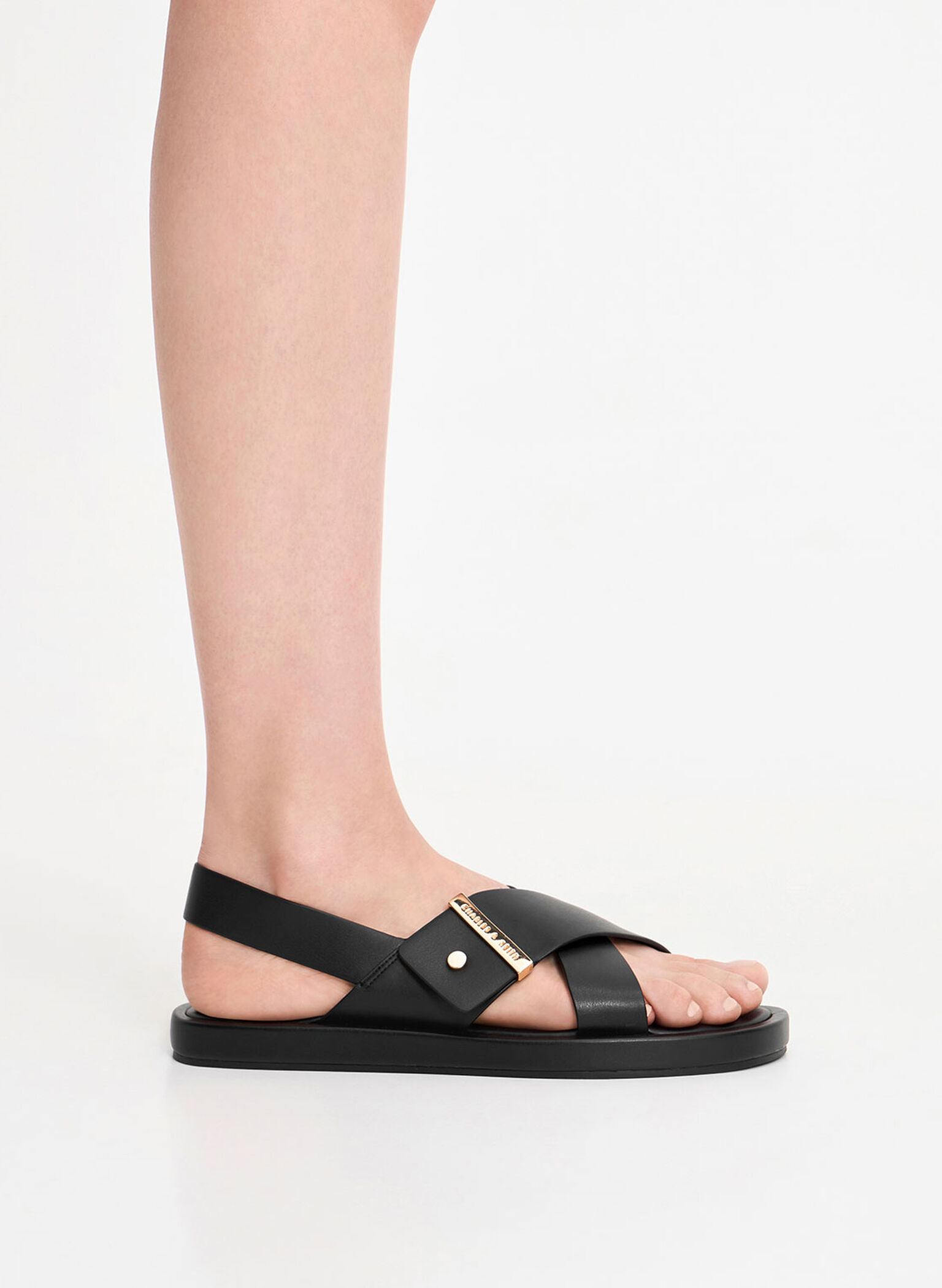 Crossover Back Strap Sandals, Black, hi-res