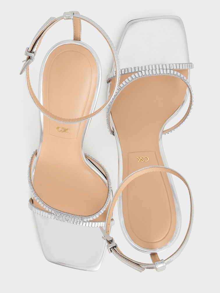 Metallic Leather & Satin Crystal-Embellished Ankle-Strap Sandals, Silver, hi-res