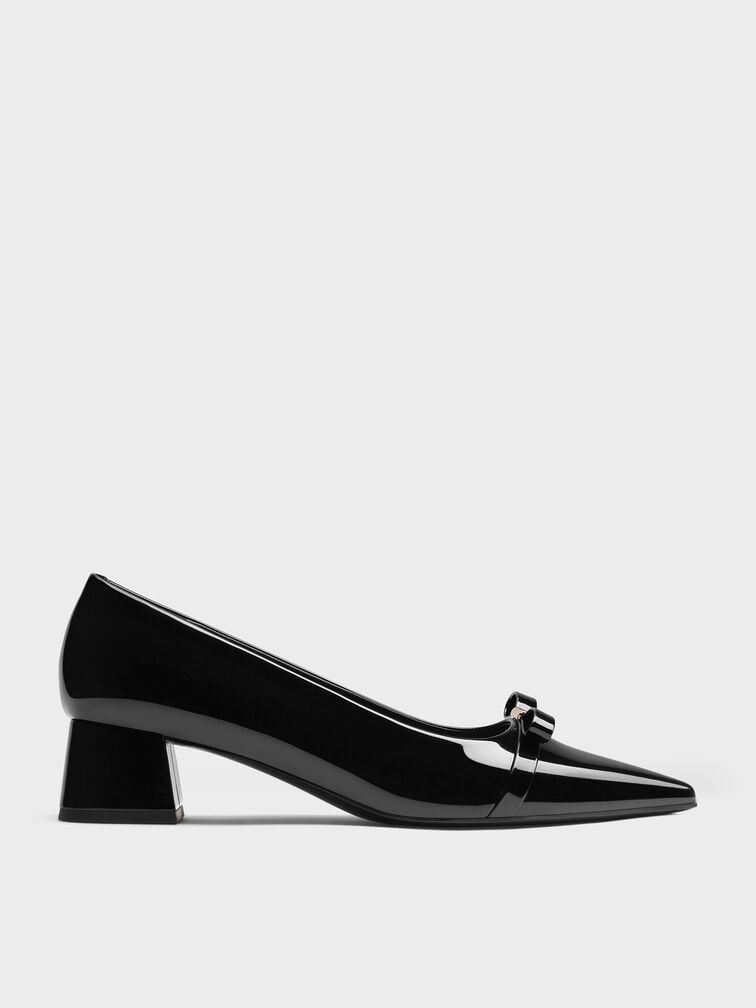 Dorian Patent Bow Pointed-Toe Block-Heel Pumps, Black Patent, hi-res