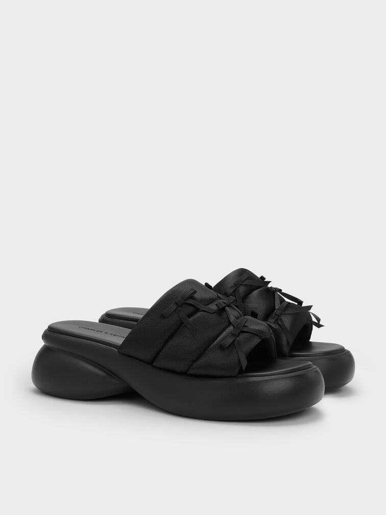 Recycled Polyester Bow Puffy Sports Sandals, Black Textured, hi-res