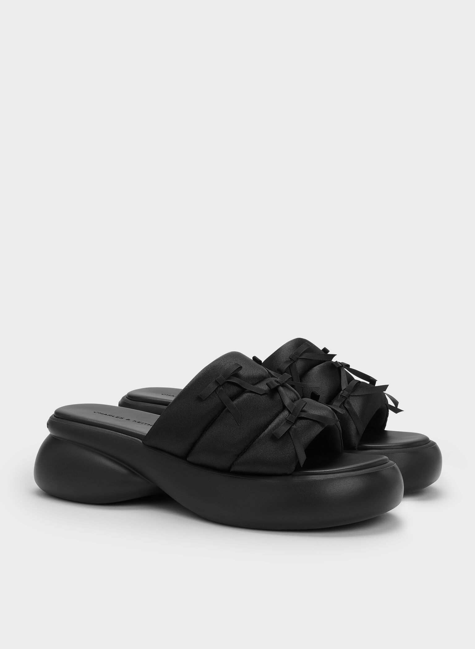Recycled Polyester Bow Puffy Sports Sandals, Black Textured, hi-res