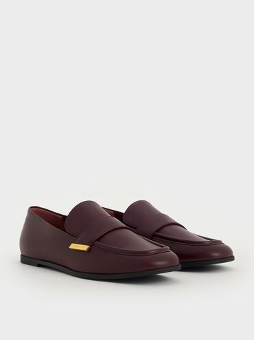 Almond-Toe Flat Loafers, Burgundy, hi-res