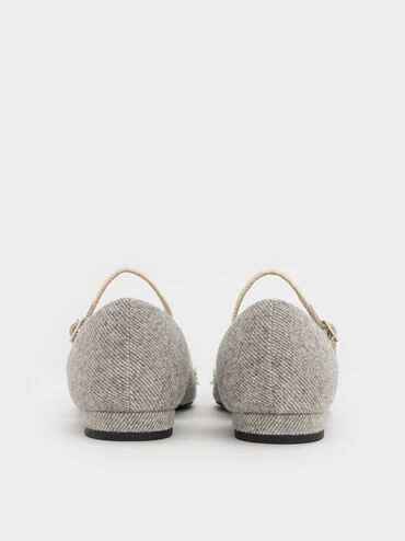 Twill Bead-Flower Pointed-Toe D'Orsay Mary Jane Flats, Grey, hi-res