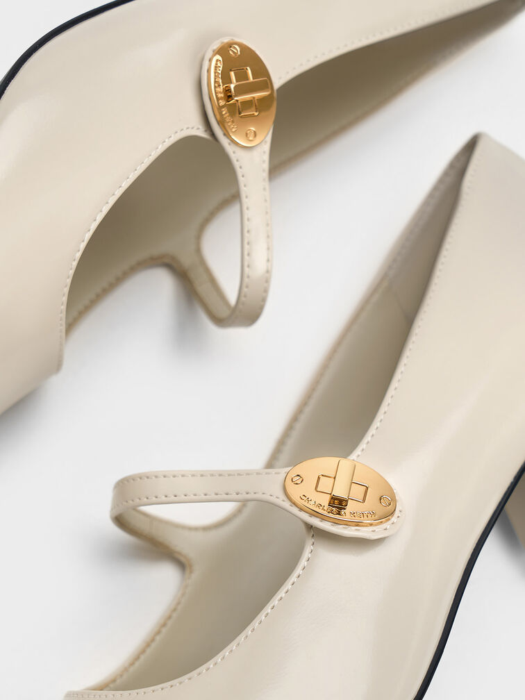Hettie Patent Metallic-Buckle Block-Heel Mary Janes, Chalk, hi-res