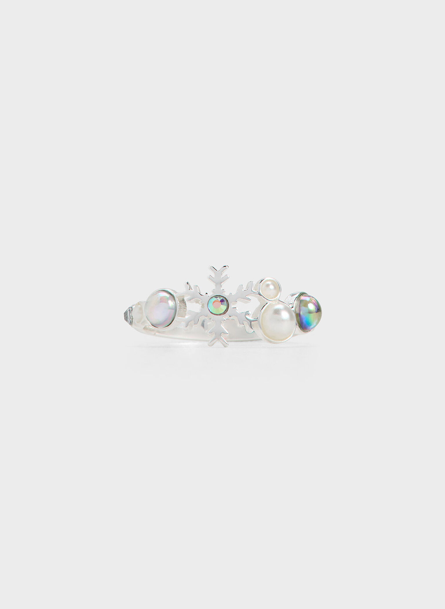 Snowflakes-Motif Pearl & Crystal Ring, Silver, hi-res