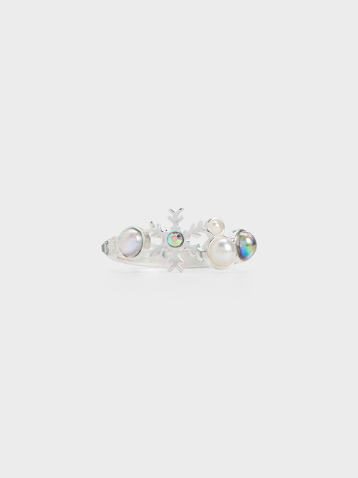 Snowflakes-Motif Pearl & Crystal Ring, Silver, hi-res