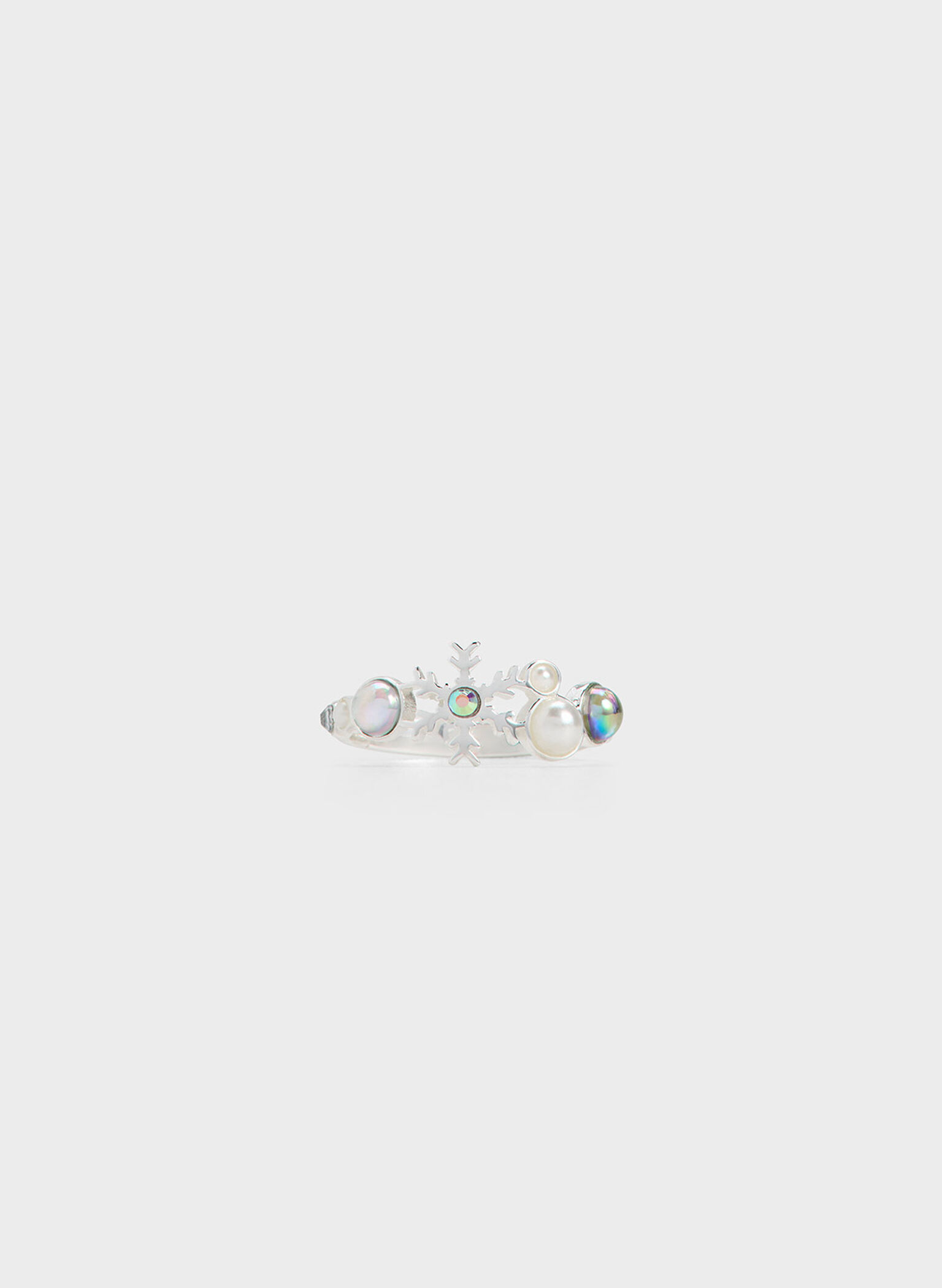 Snowflakes-Motif Pearl & Crystal Ring, Silver, hi-res