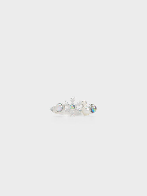 Snowflakes-Motif Pearl & Crystal Ring, Silver, hi-res