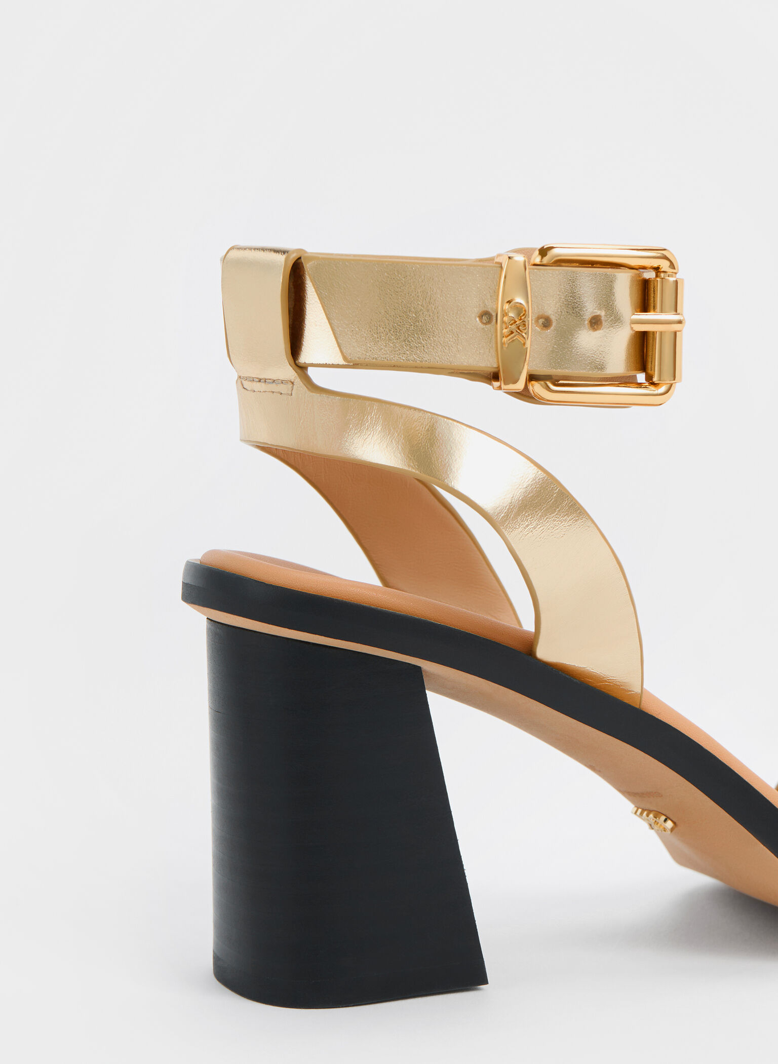 Metallic Leather Ankle-Strap Block-Heel Sandals, Gold, hi-res