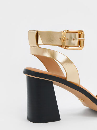 Metallic Leather Ankle-Strap Block-Heel Sandals, Gold, hi-res