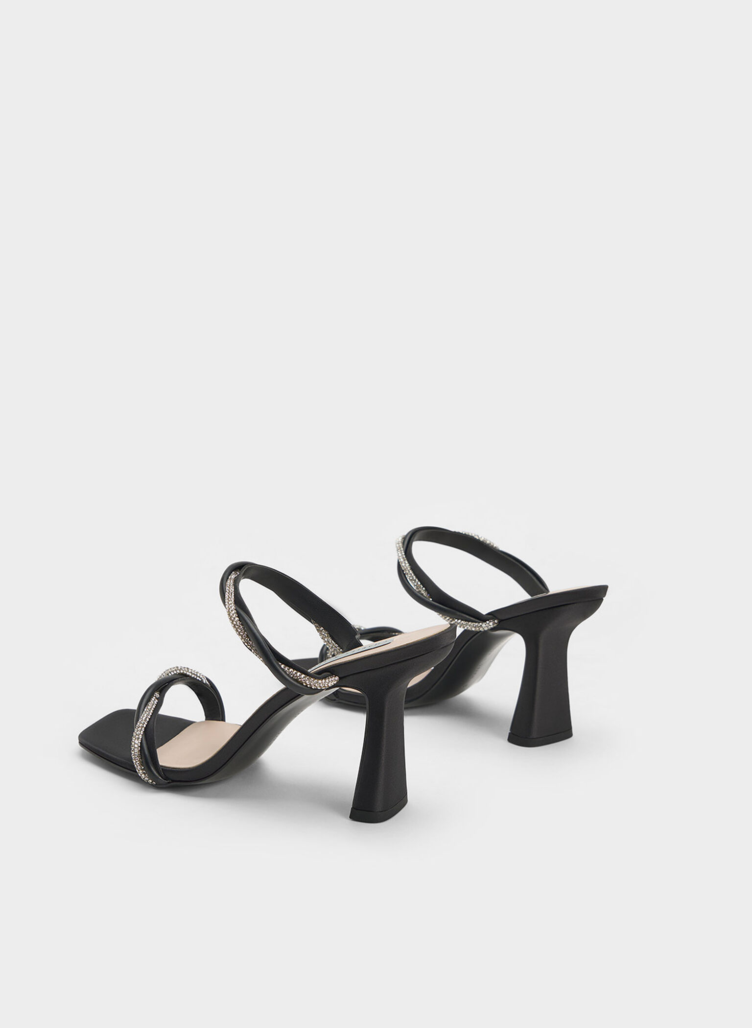 Embellished Twisted Strap Satin Sandals, Black, hi-res