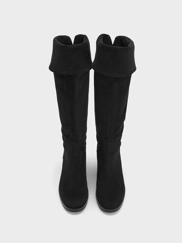 Faux Suede Fold-Over Back-Tie Thigh-High Boots, Black Textured, hi-res