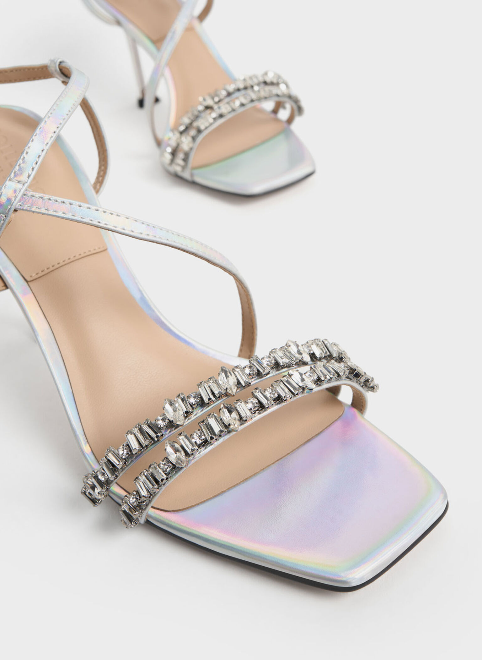 Holographic Leather Gem-Embellished Strappy Sandals, Multi, hi-res